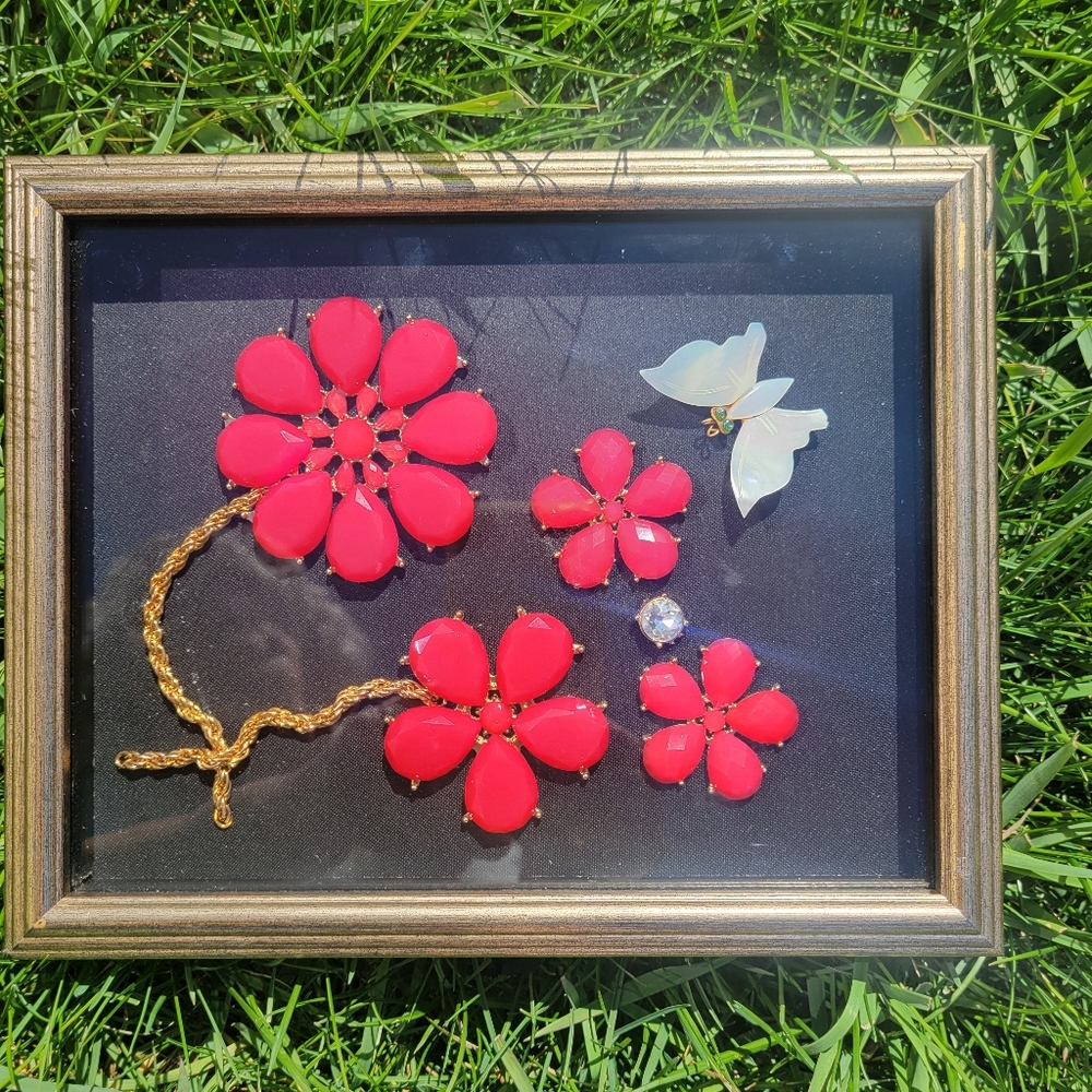 Framed Jewelry Art ~Red Flowers ~ Mother of Pearl Butterfly ~ Pretty!